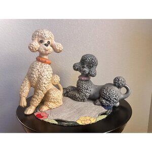 Midcentury Modern Ceramic Poodles 10" Set of 2 One Cream One Gray